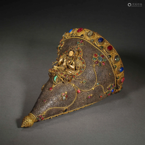 A Tibetan Hard-stones Inlaid Bronze-gilt Long-life Vase