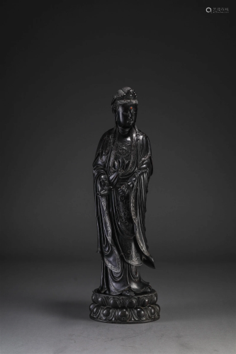 A Chinese Silver Inlaid Rosewood Guanyin