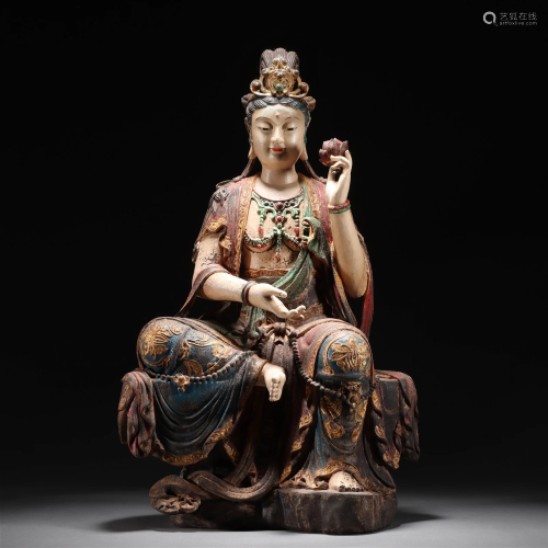 A Chinese Carved Wooden Bodhisattva