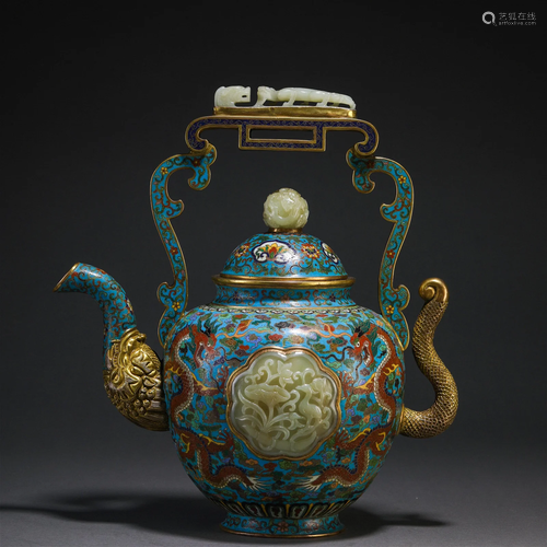 A Chinese Jade Inlaid Cloisonne Enamel Teapot