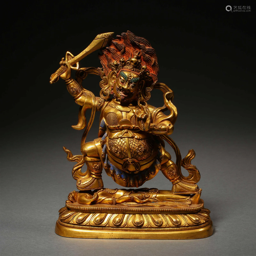 A Rare Tibetan Bronze Gilt Figure of Chamsing