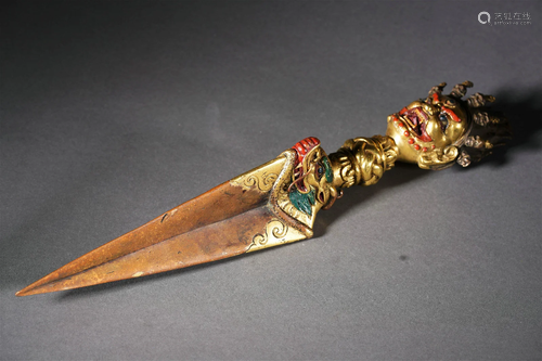 A Tibetan Bronze-gilt Phurba