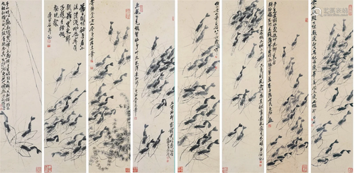 Eight Pages of Chinese Scroll Painting By Qi Baishi