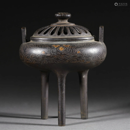 A Chinese Silver Inlaid Bronze Tripod Censer