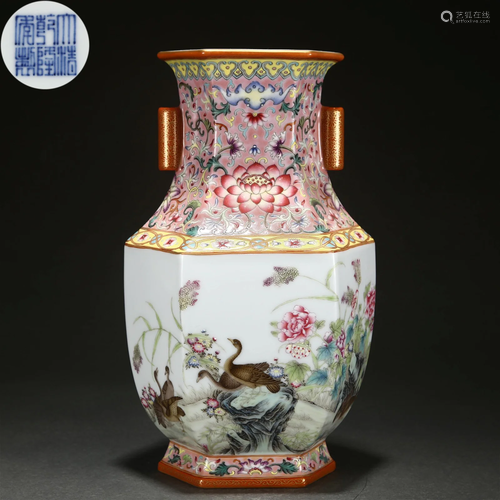 A Chinese Famille Rose Geese Vase