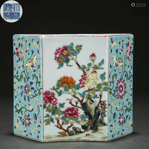 A Chinese Famille Rose Hexagonal Brushpot