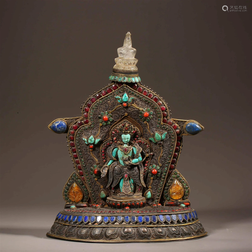 A Tibetan Hard-stones Inlaid Silver Green Tara