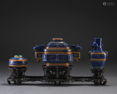 A Set of Three Chinese Carved Lapis Incense Tools