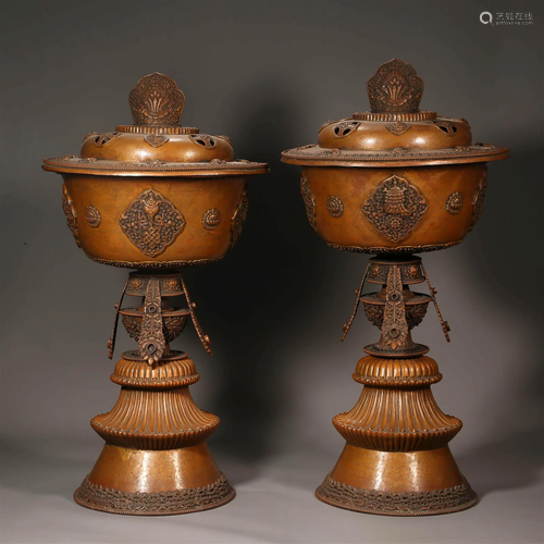 Pair Tibetan Bronze Butter Lamps