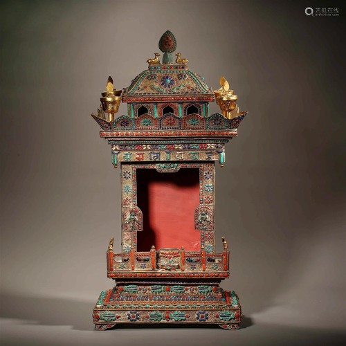 A Tibetan Hard-stones Inlaid Bronze-gilt Shrine