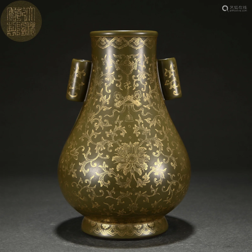 A Chinese Tea-dust Glaze and Gilt Vase Zun