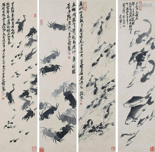 Four Pages of Chinese Scroll Painting By Qi Baishi