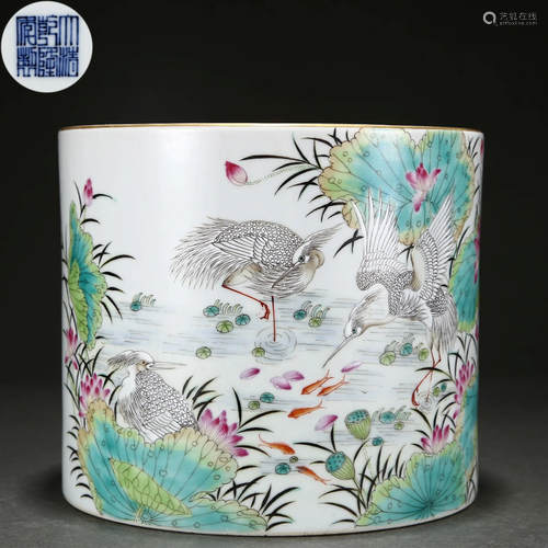 A Chinese Famille Rose Lotus Pond Brushpot