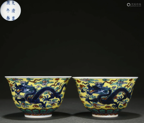 Pair Chinese Doucai Glaze Dragon Bowls