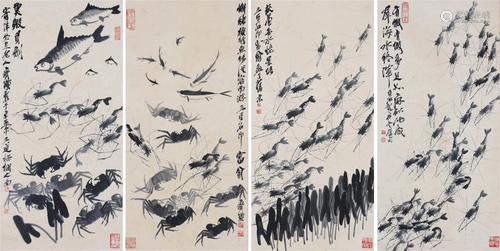 Four Pages of Chinese Scroll Painting By Qi Baishi