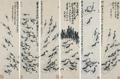 Six Pages of Chinese Scroll Painting By Qi Baishi