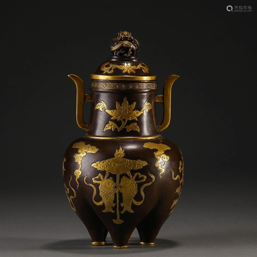 A Chinese Bronze Partly Gilt Incense Burner