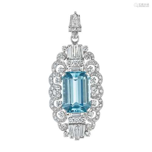 YARD A DIAMOND AND AQUAMARINE PENDANT BROOCH