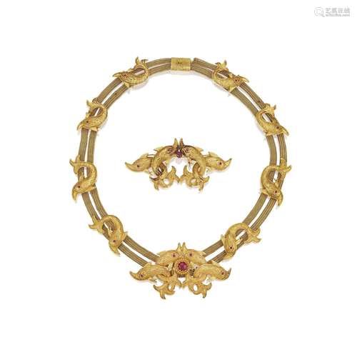 A GOLD AND RUBY NECKLACE AND BROOCH SET, GREECE