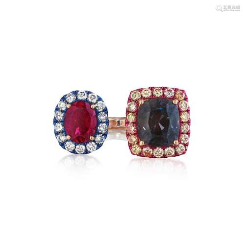 A SPINEL, RUBELLITE TOURMALINE AND DIAMOND RING