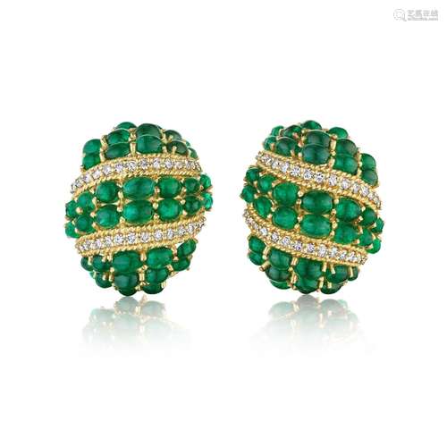 A PAIR OF EMERALD AND DIAMOND EARCLIPS