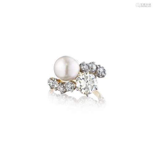 A NATURAL PEARL AND DIAMOND RING