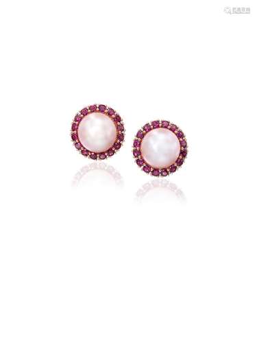 A PAIR OF RHODOLITE GARNET, CULTURED PEARL AND DIAMOND EARRI...