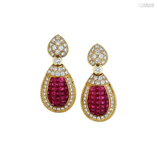 A PAIR OF RUBY AND DIAMOND EARRINGS