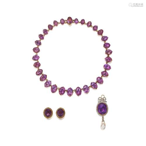 AN AMETHYST, SEED PEARL AND DIAMOND NECKLACE, PENDANT BROOCH...