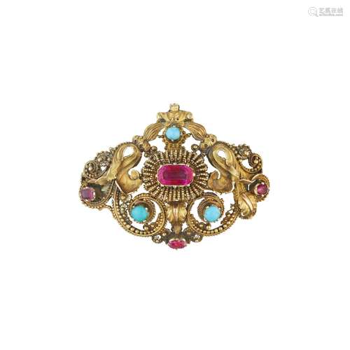 A RUBY AND TURQUOISE BROOCH