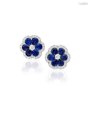 A PAIR OF SAPPHIRE AND DIAMOND EARCLIPS