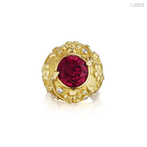 ELIZAEBETH GAGE A RUBELITE TOURMALINE AND DIAMOND RING, ENGL...