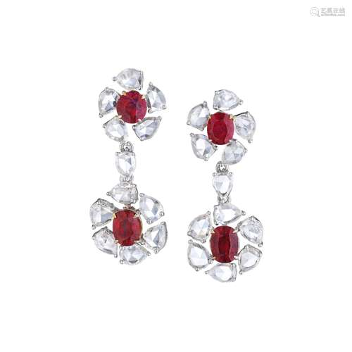 A PAIR OF BURMESE RUBY AND DIAMOND EARRINGS