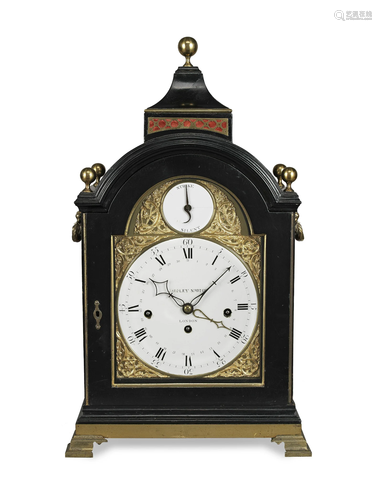 A late 18th century ebonised quarter chiming table clock wit...