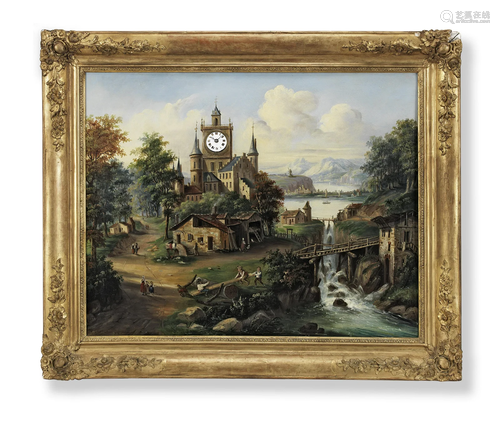 A mid-19th century French oil on canvas picture clock Maison...