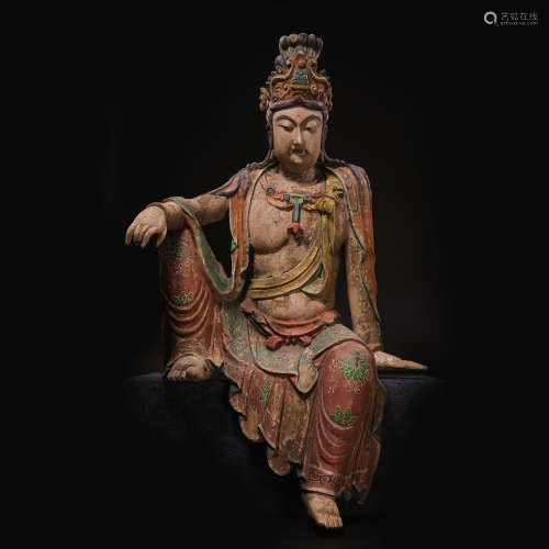 CHINESE LIAO DYNASTY CYPRESS PAINTED SEATED GUANYIN STATUE