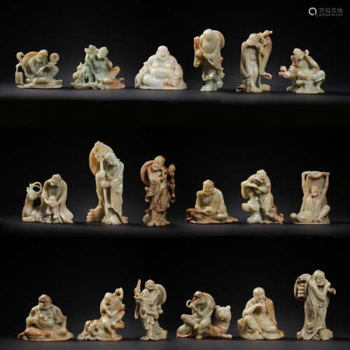 A GROUP OF THE EIGHTEEN ARHATS STATUES IN HETIAN JADE FROM T...