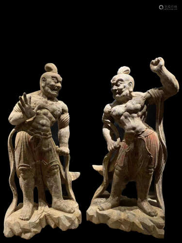 A PAIR OF CHINESE TANG DYNASTY BLUESTONE PAINTED LUX STATUES