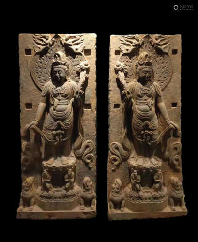 A PAIR OF CHINESE TANG DYNASTY STONE BUDDHIST NICHES