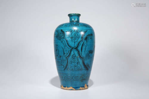 明 磁州窑孔雀蓝釉人物梅瓶