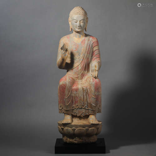 China Tang Dynasty Painted Stone Carved Buddha Statue