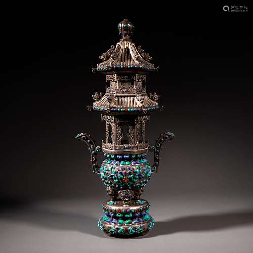 China Qing Dynasty Sterling Silver Jeweled Tower