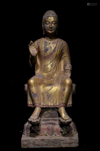 China Tang Dynasty Painted Gold Painted Stone Buddha Statue