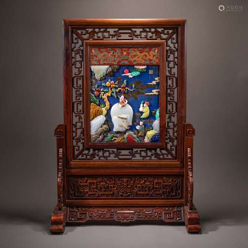 China Qing Dynasty Interstitial of red sandalwood lapis lazu...