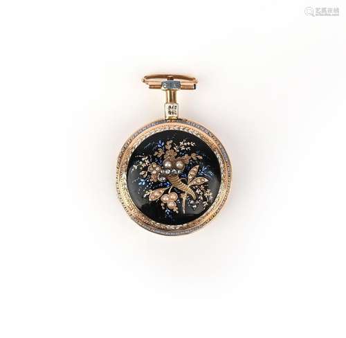 Montre de poche en émail, perles de rocaille et diamants, 19...