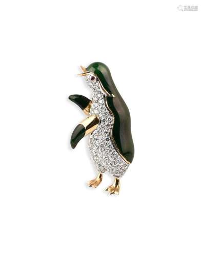 Broche pingouin en émail et diamants, représentant un pingou...