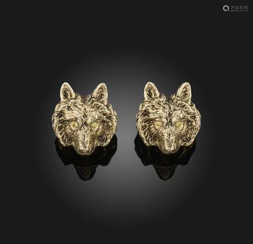 Paire de boutons de manchette en or représentant des loups, ...