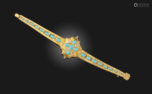 Un bracelet victorien en turquoise et diamants, serti de cab...