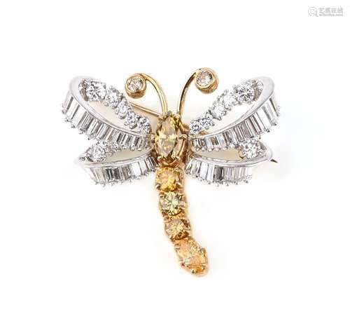 Broche libellule en diamant blanc et de couleur fantaisie, s...