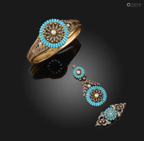 A Victorian turquoise and diamond-set gold bangle, set with ...
